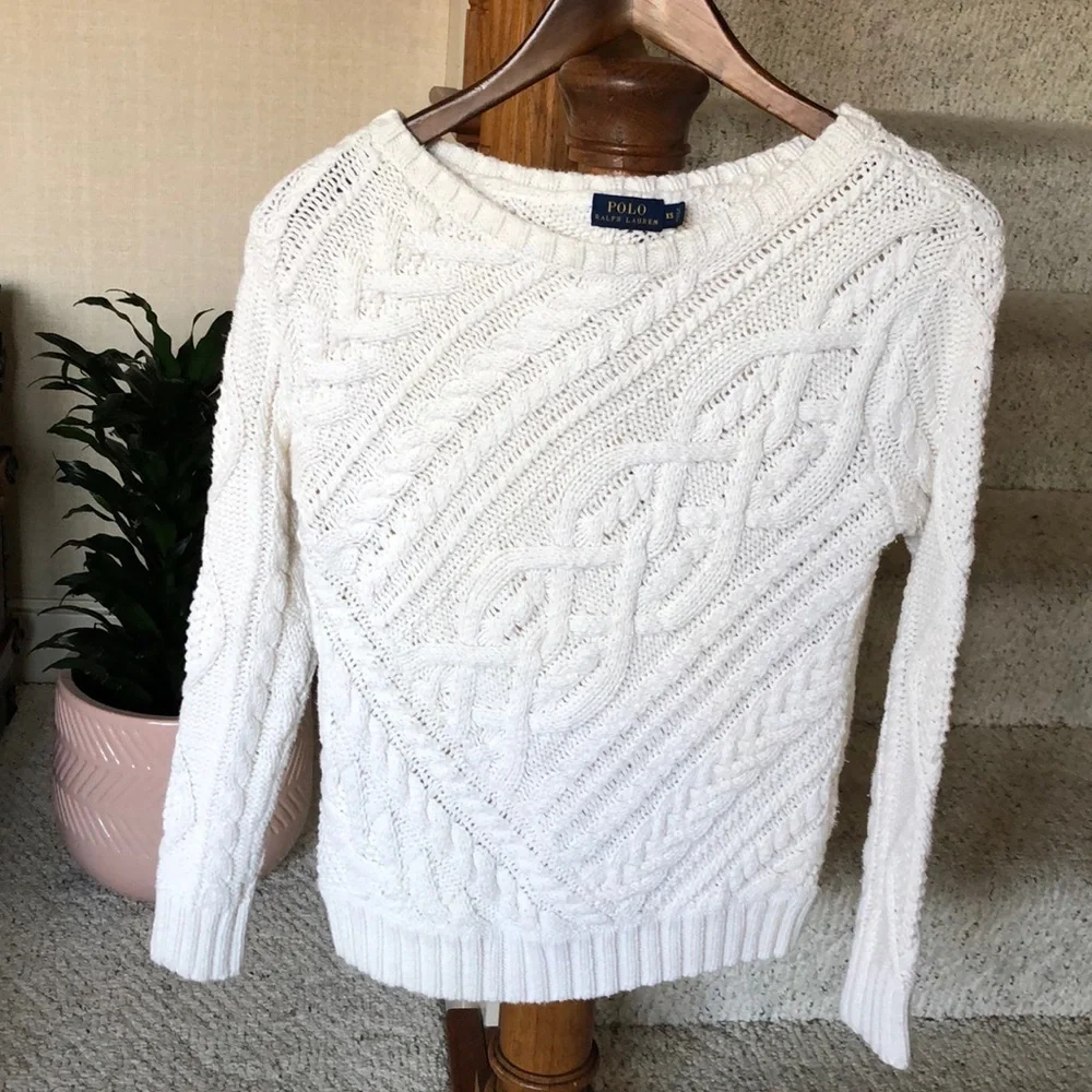Polo Ralph Lauren White Cable Knit Pop Over Sweater - Picture 1 of 12